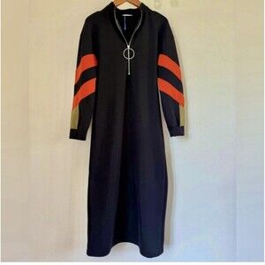Zara Black Long Dress W/ Half Zip And Long Sleeves, Mock Neck